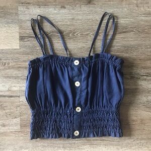 NWT Elan Button Ruffle Smocked Spaghetti Strap Top in Navy Blue Size Small